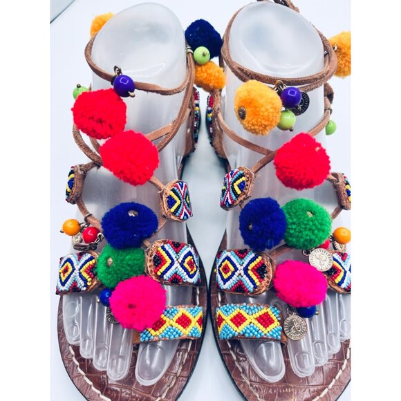 SIZE 7.5 Sam Edelman Lisabeth Beaded Charm Pom Boho Hippie Leather Sandals - Picture 8 of 12